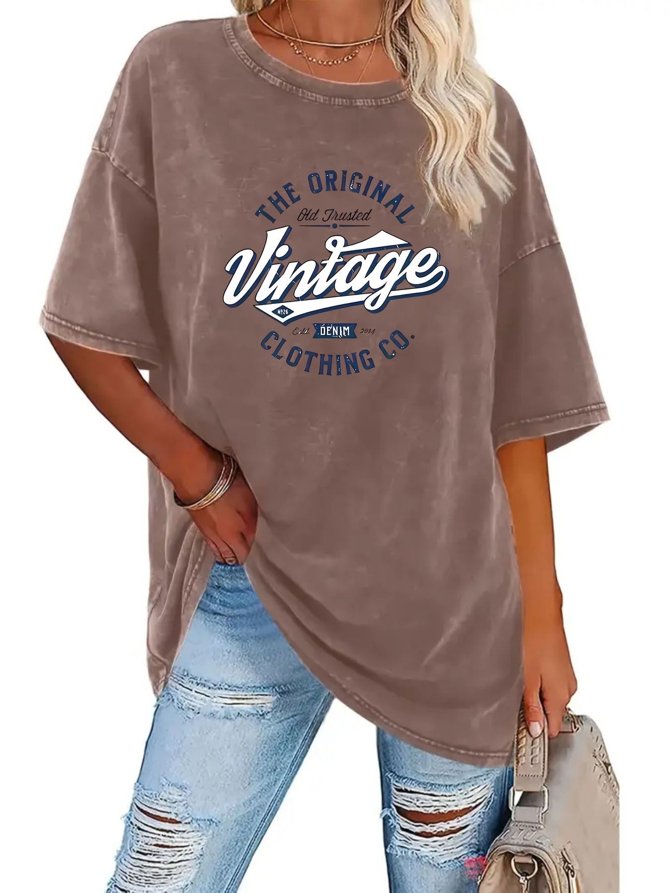 Women's Vintage Washed T-Shirt - Round Neck Short Sleeve – Grey / Purple detail view