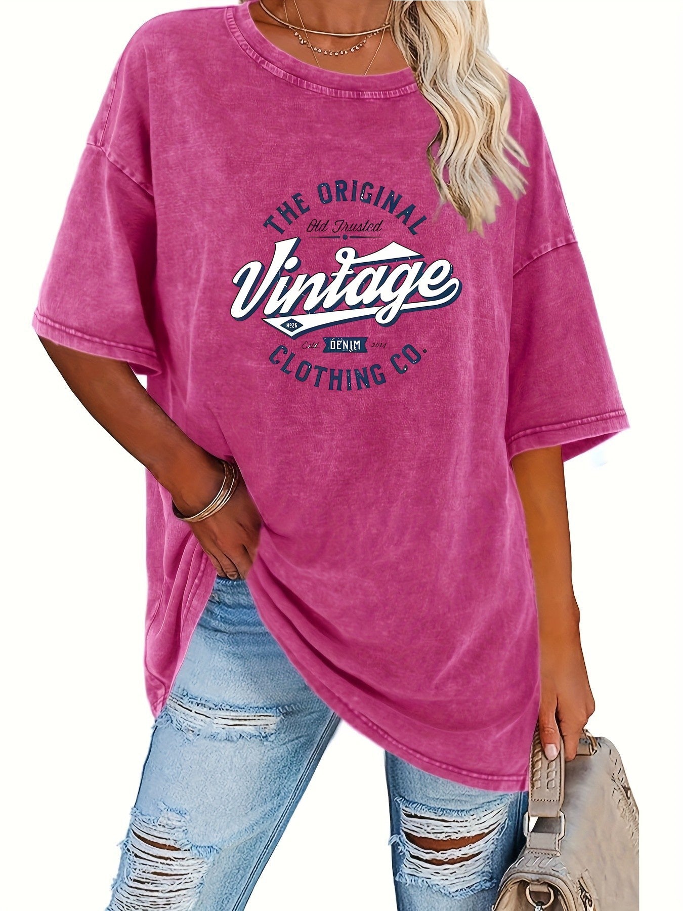 Women's Vintage Washed T-Shirt - Round Neck Short Sleeve – Grey / Purple detail view