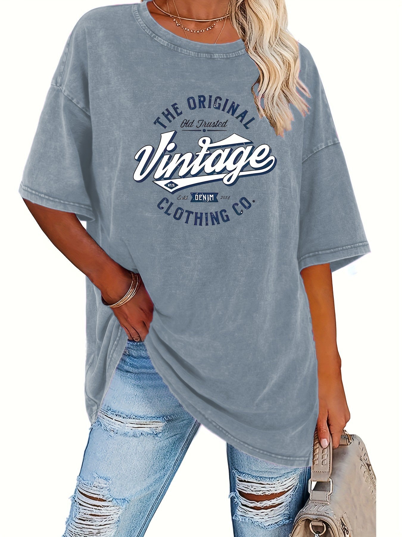Women's Vintage Washed T-Shirt - Round Neck Short Sleeve – Grey / Purple – Grey option – view 4