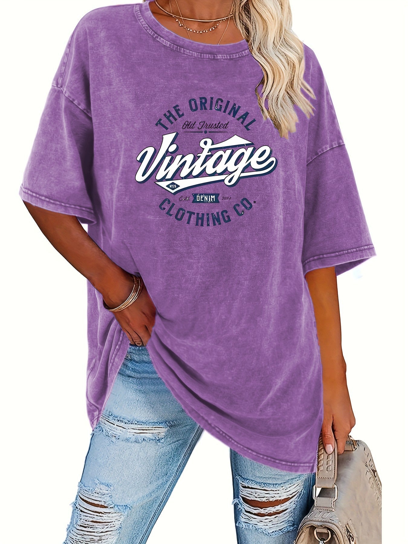 Women's Vintage Washed T-Shirt - Round Neck Short Sleeve – Grey / Purple – Grey option – view 6