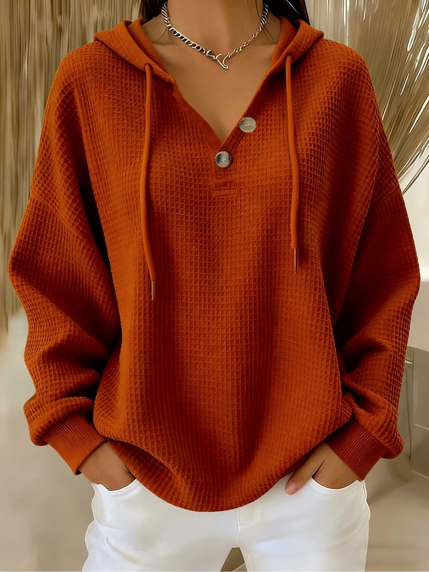 Women's Waffle V-Neck Hoodie - Button Front Travel Layer detail view