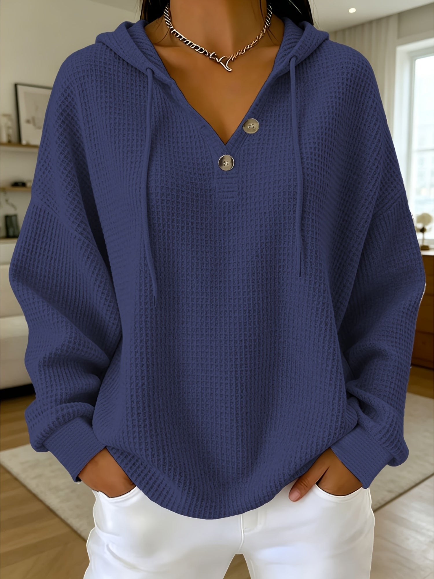 Women's Waffle V-Neck Hoodie - Button Front Travel Layer detail view