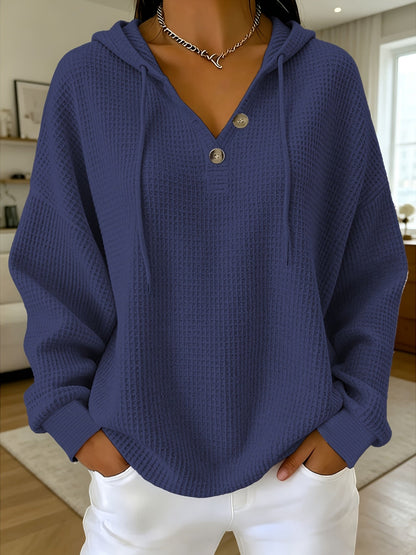 Women's Waffle V-Neck Hoodie - Button Front Travel Layer detail view