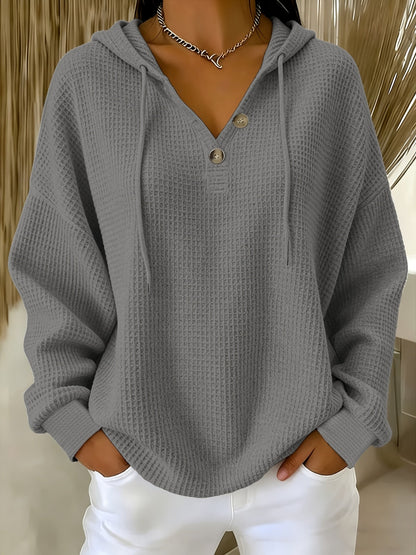 Women's Waffle V-Neck Hoodie - Button Front Travel Layer detail view