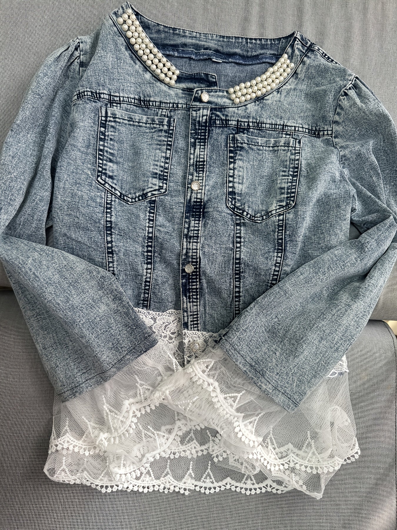 Women's Waterproof Denim Floral Jacket detail view