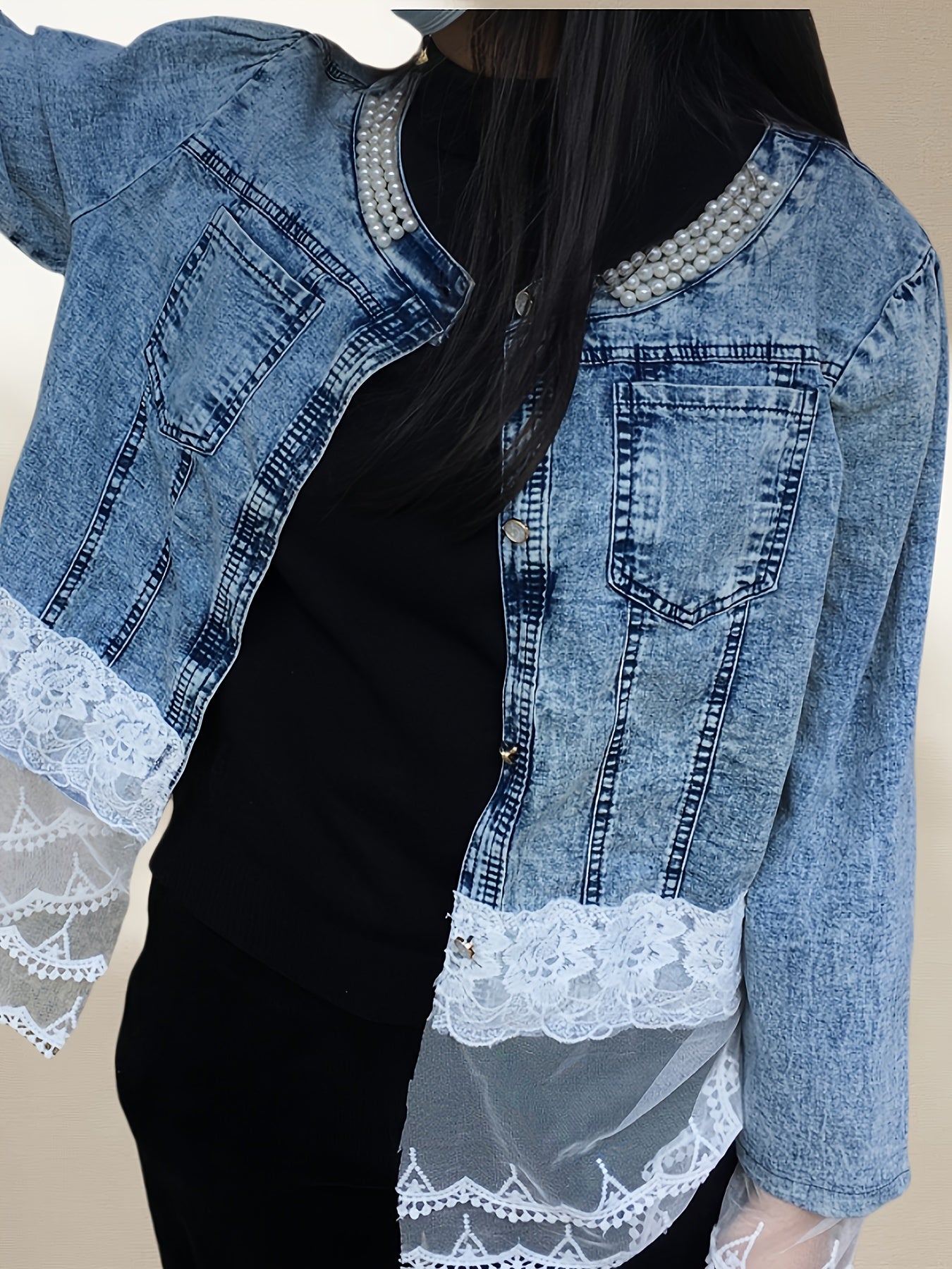 Women's Waterproof Denim Floral Jacket detail view