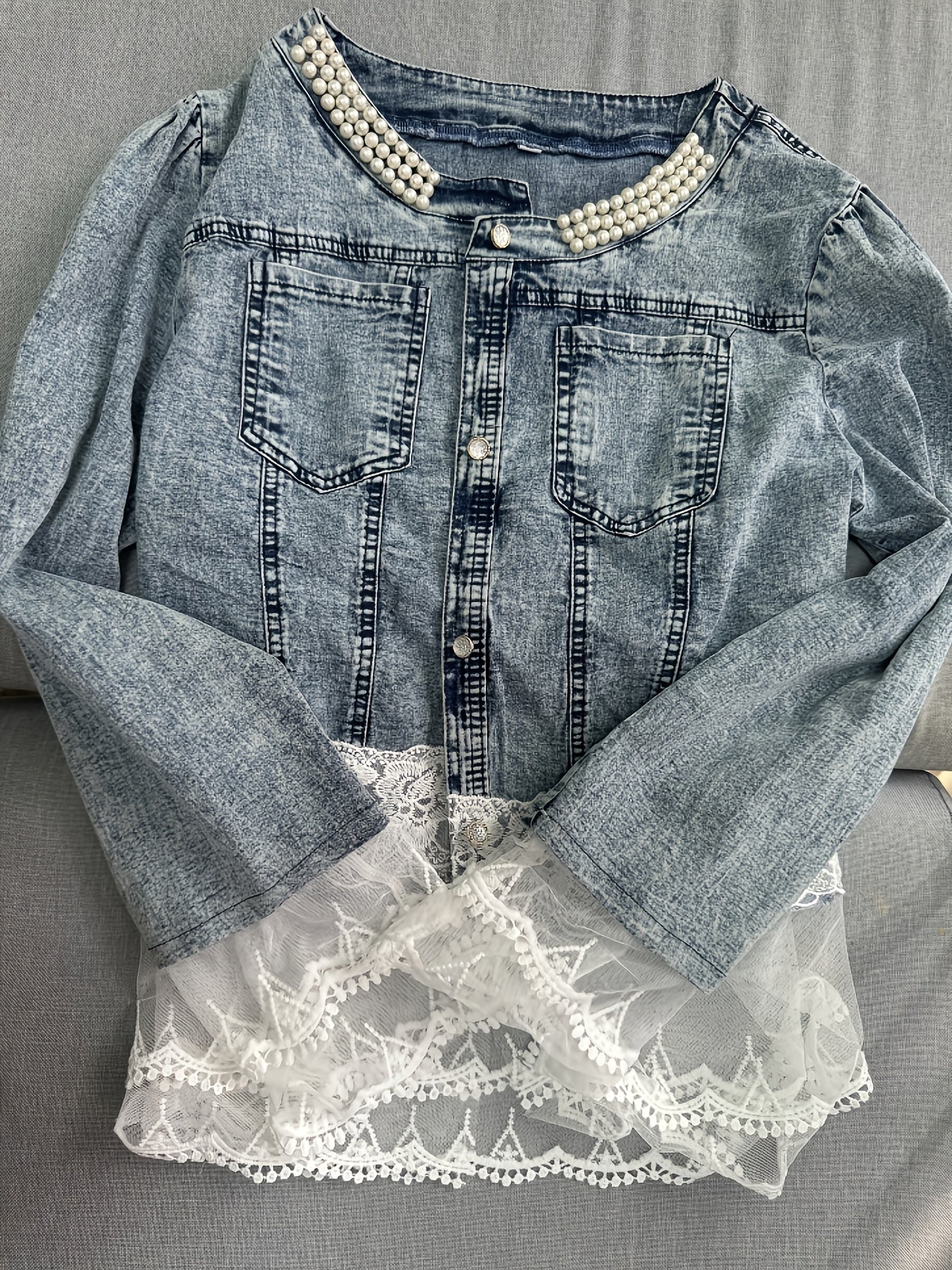 Women's Waterproof Denim Floral Jacket detail view