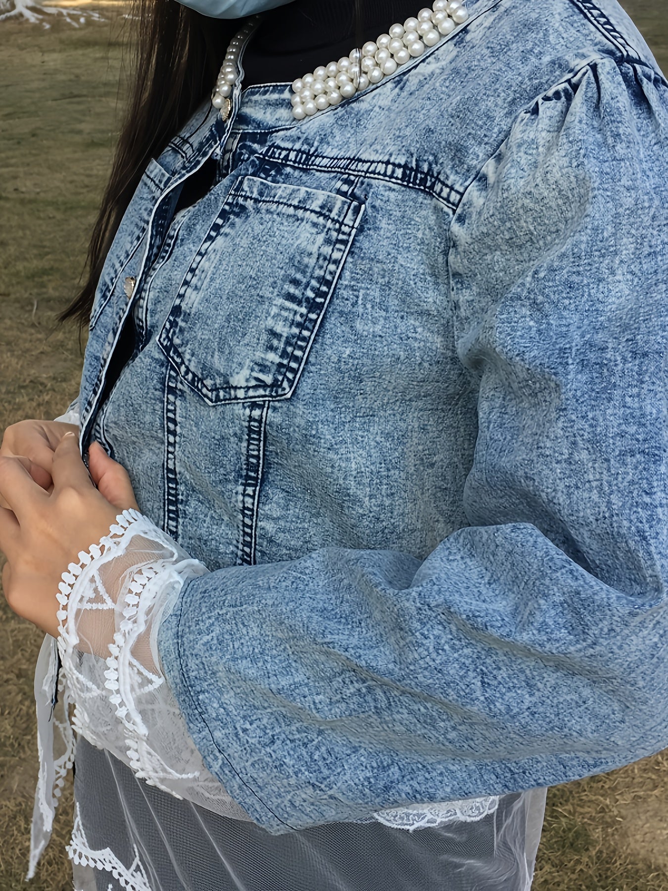 Women's Waterproof Denim Floral Jacket detail view