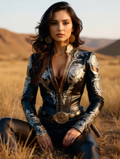 Women's Western Embroidered Jacket - Floral Zip Front detail view
