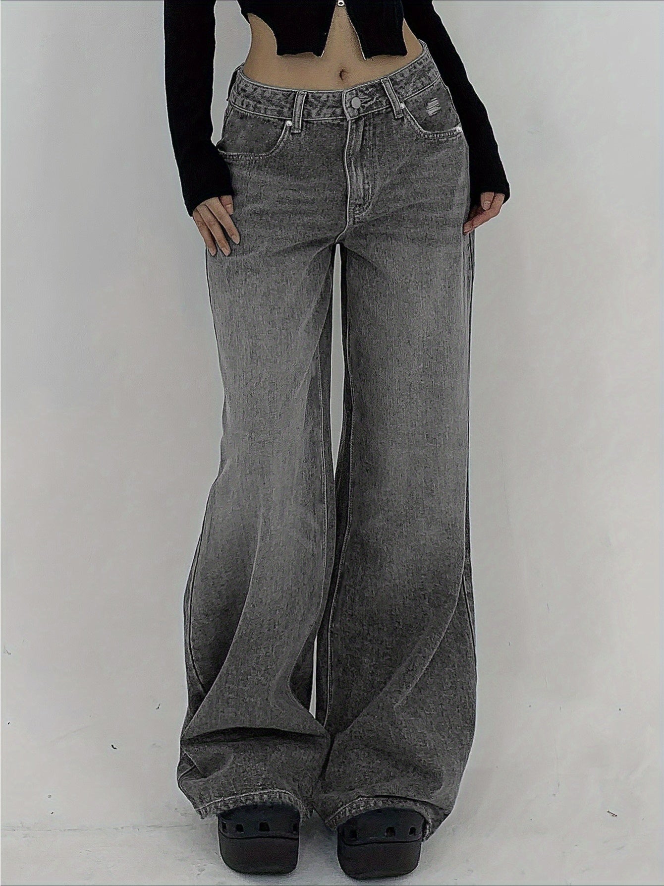 Women's Wide Leg Jeans - Black Distressed Stretch – Black option – main product image