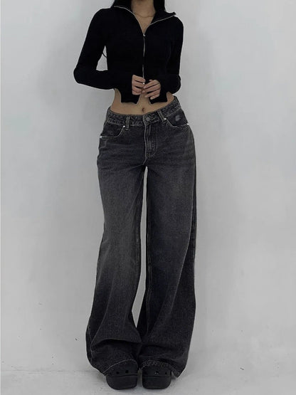 Women's Wide Leg Jeans - Black Distressed Stretch – Black option – view 3