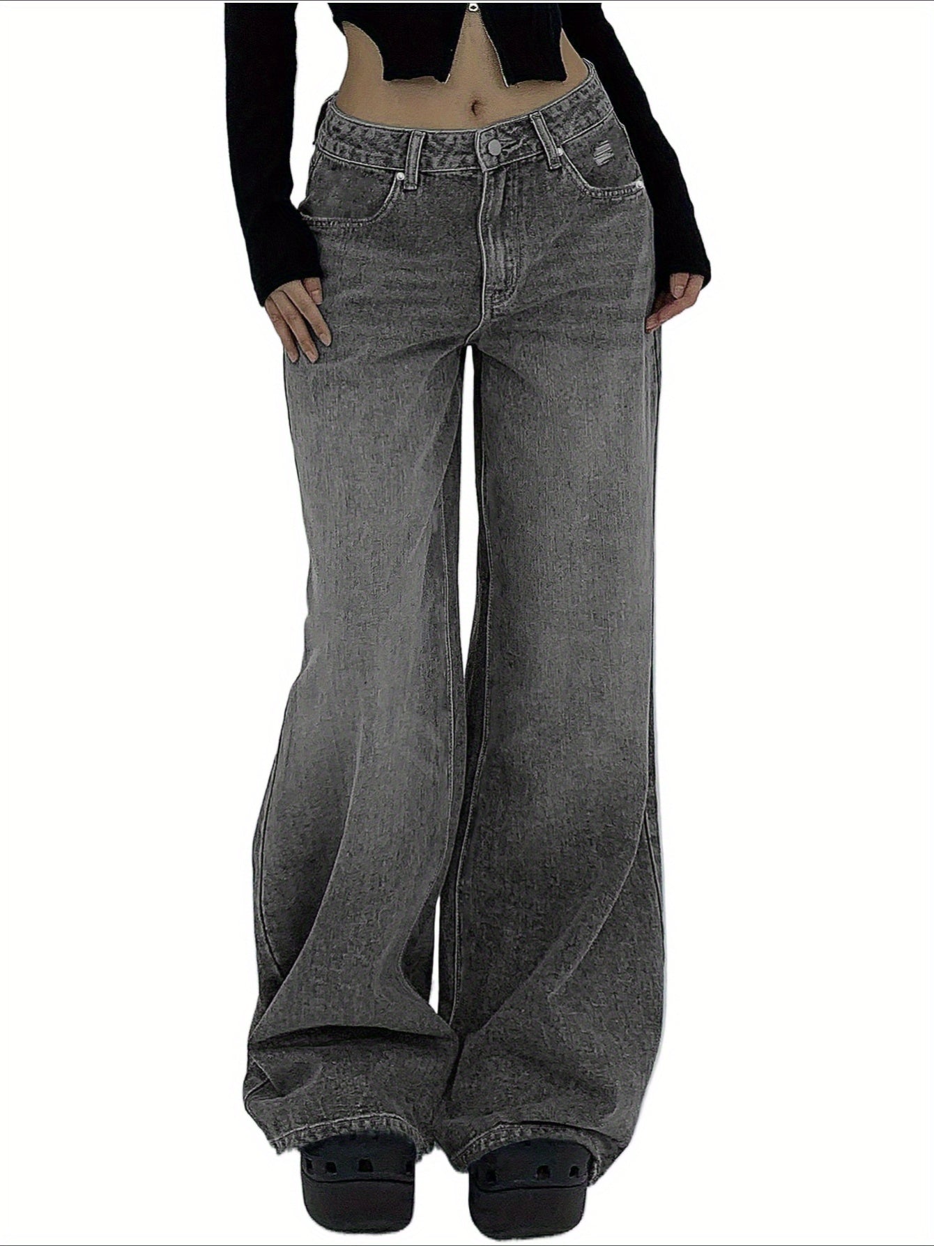 Women's Wide Leg Jeans - Black Distressed Stretch detail view