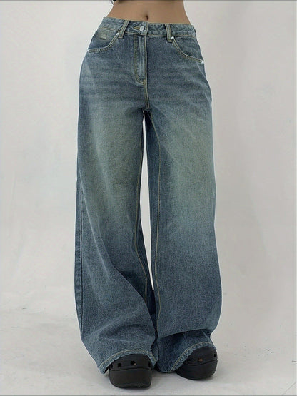 Women's Wide Leg Jeans - Black Distressed Stretch detail view