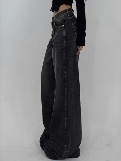 Women's Wide Leg Jeans - Black Distressed Stretch detail view