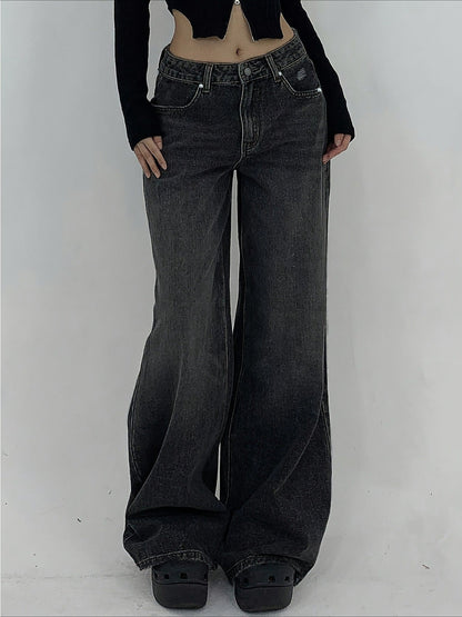 Women's Wide Leg Jeans - Black Distressed Stretch detail view