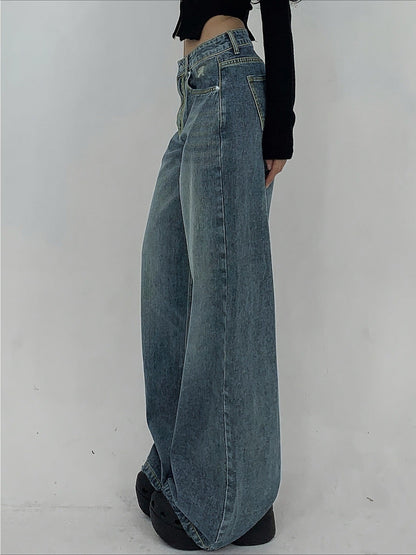 Women's Wide Leg Jeans - Black Distressed Stretch detail view