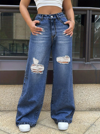 Women's Wide Leg Jeans - Blue Distressed detail view