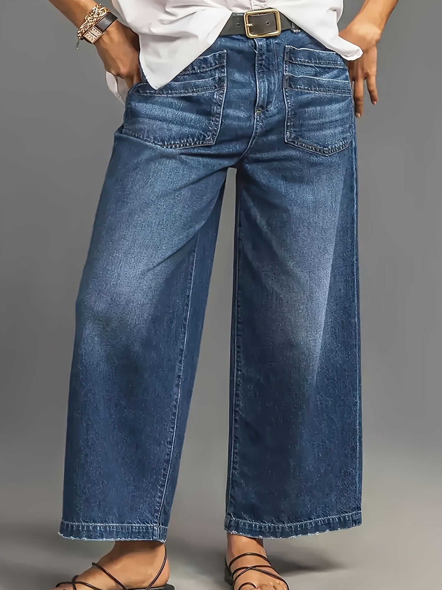 Women's Wide Leg Jeans - Blue Vintage Wash Pocket Detail – view 5