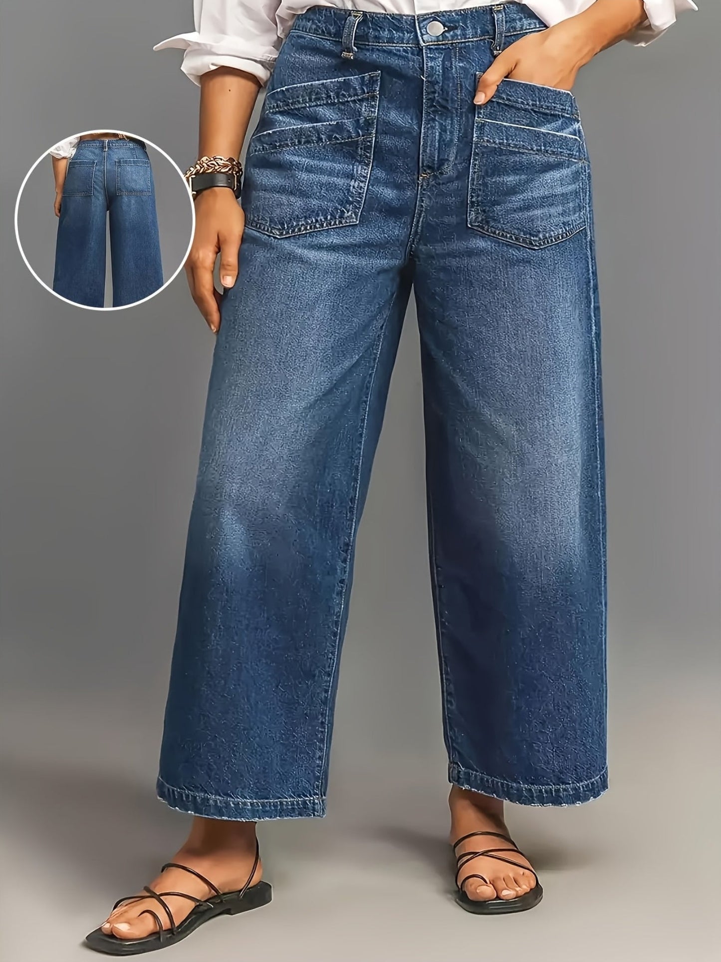 Women's Wide Leg Jeans - Blue Vintage Wash Pocket Detail – view 8