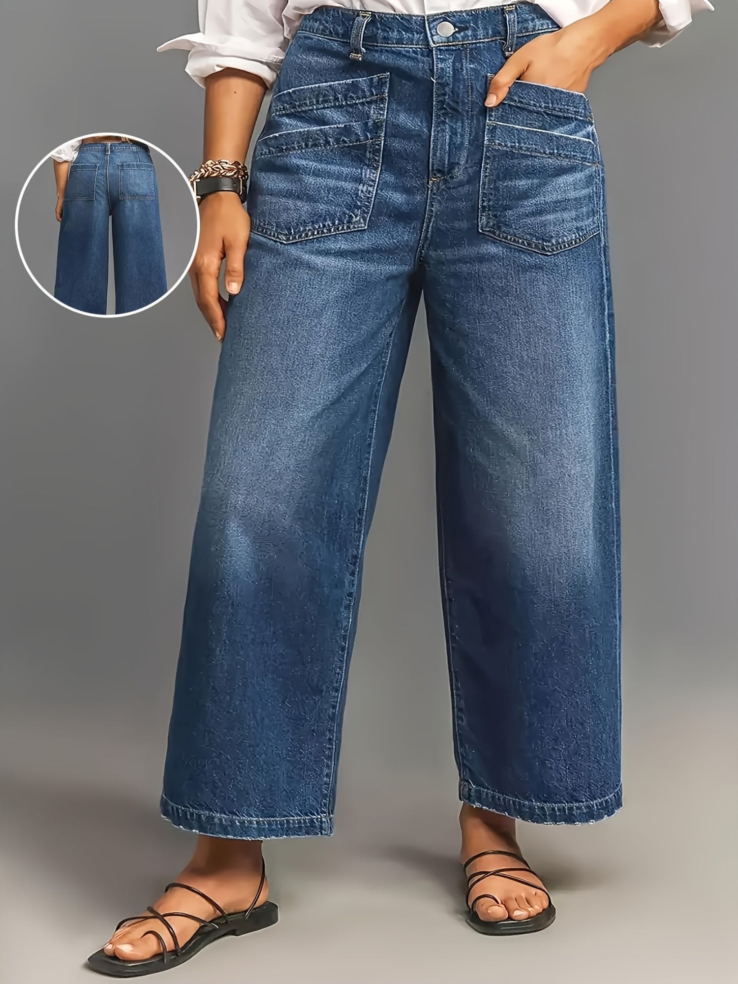 Women's Wide Leg Jeans - Blue Vintage Wash Pocket Detail – view 8