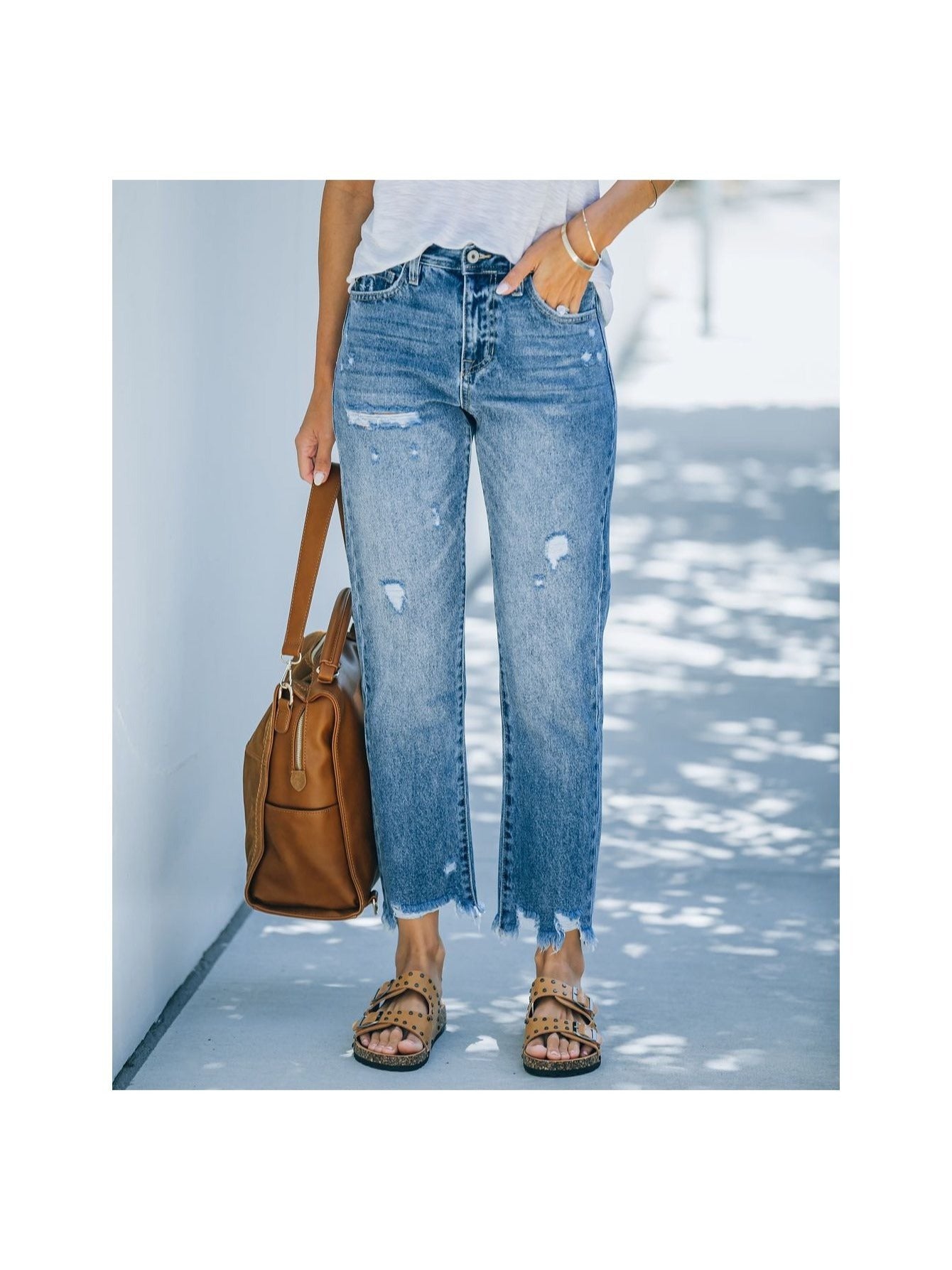 Women's Wide Leg Jeans - Bright Steel Blue Distressed detail view