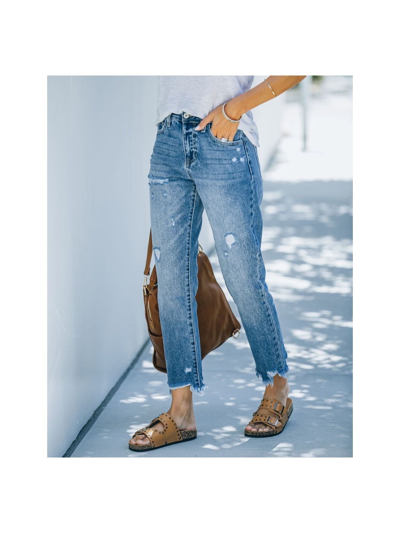 Women's Wide Leg Jeans - Bright Steel Blue Distressed detail view