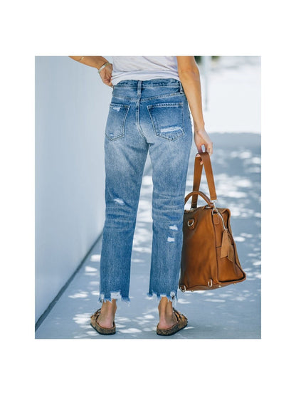 Women's Wide Leg Jeans - Bright Steel Blue Distressed detail view