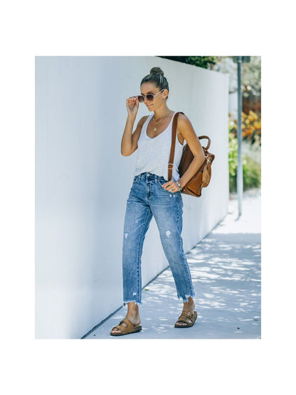 Women's Wide Leg Jeans - Bright Steel Blue Distressed detail view