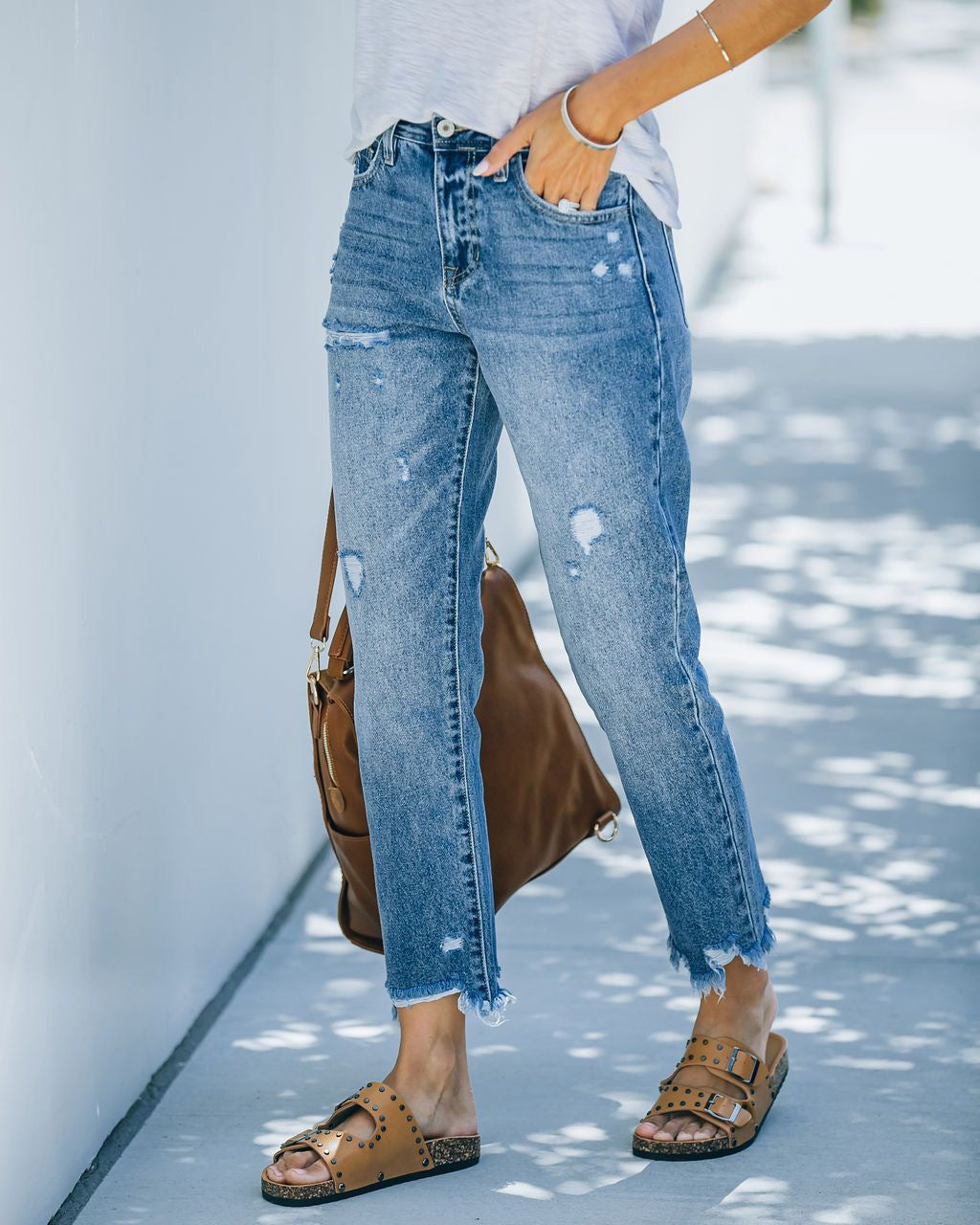Women's Wide Leg Jeans - Bright Steel Blue Distressed detail view