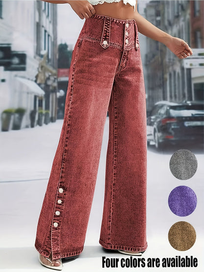 Women's Wide Leg Jeans - Light Blue Button Detail Stretch – Blue option – main product image