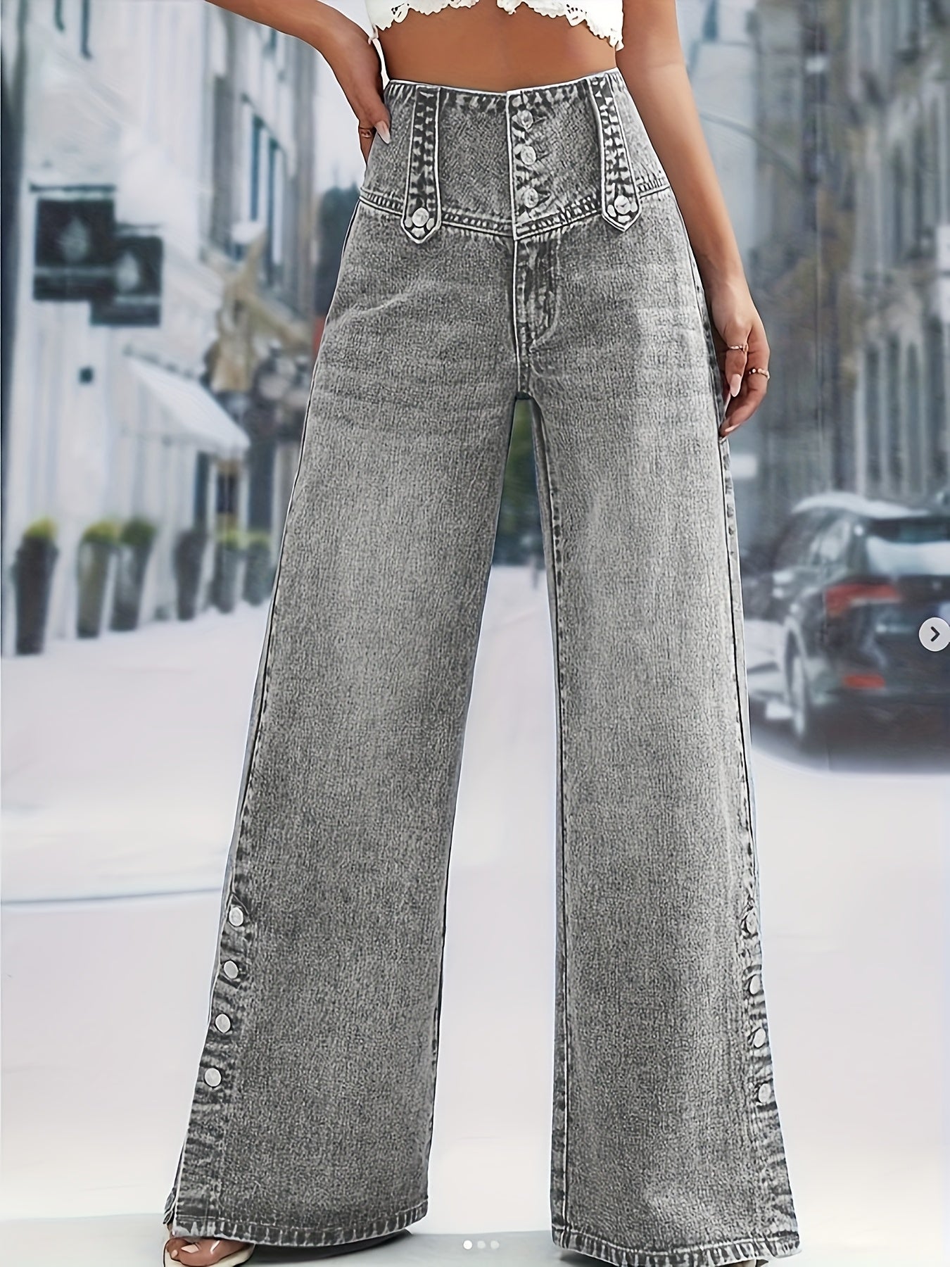 Women's Wide Leg Jeans - Light Blue Button Detail Stretch detail view