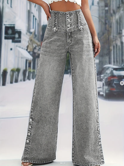Women's Wide Leg Jeans - Light Blue Button Detail Stretch detail view