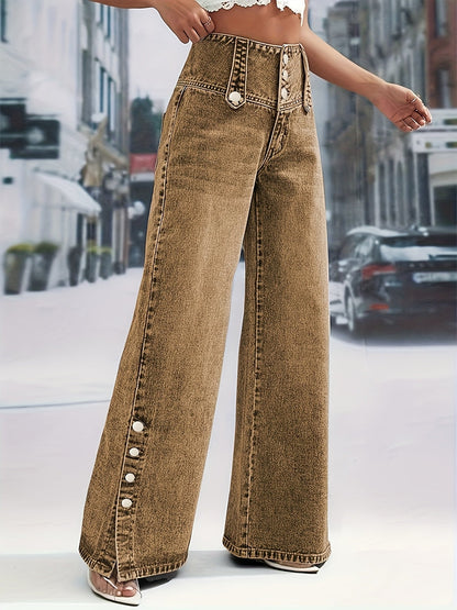 Women's Wide Leg Jeans - Light Blue Button Detail Stretch detail view