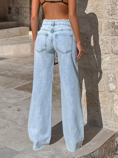 Women's Wide Leg Jeans - Light Blue Raw Hem detail view
