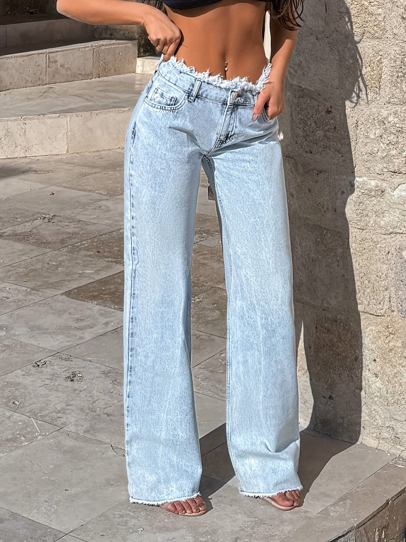 Women's Wide Leg Jeans - Light Blue Raw Hem detail view