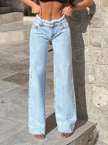 Women's Wide Leg Jeans - Light Blue Vintage Wash Distressed detail view