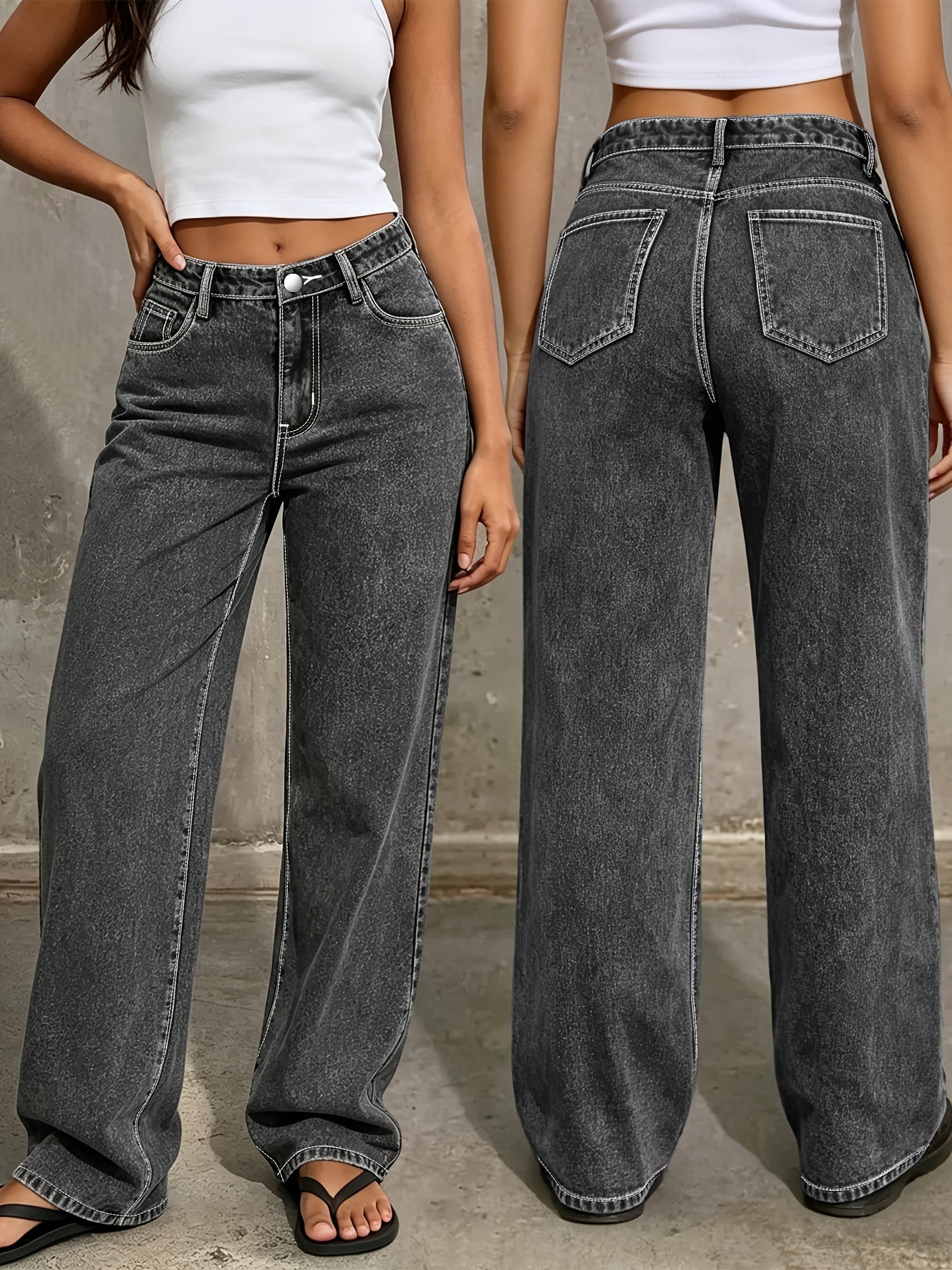 Women's Wide Leg Jeans - Medium Blue Vintage Wash Pocket Detail detail view