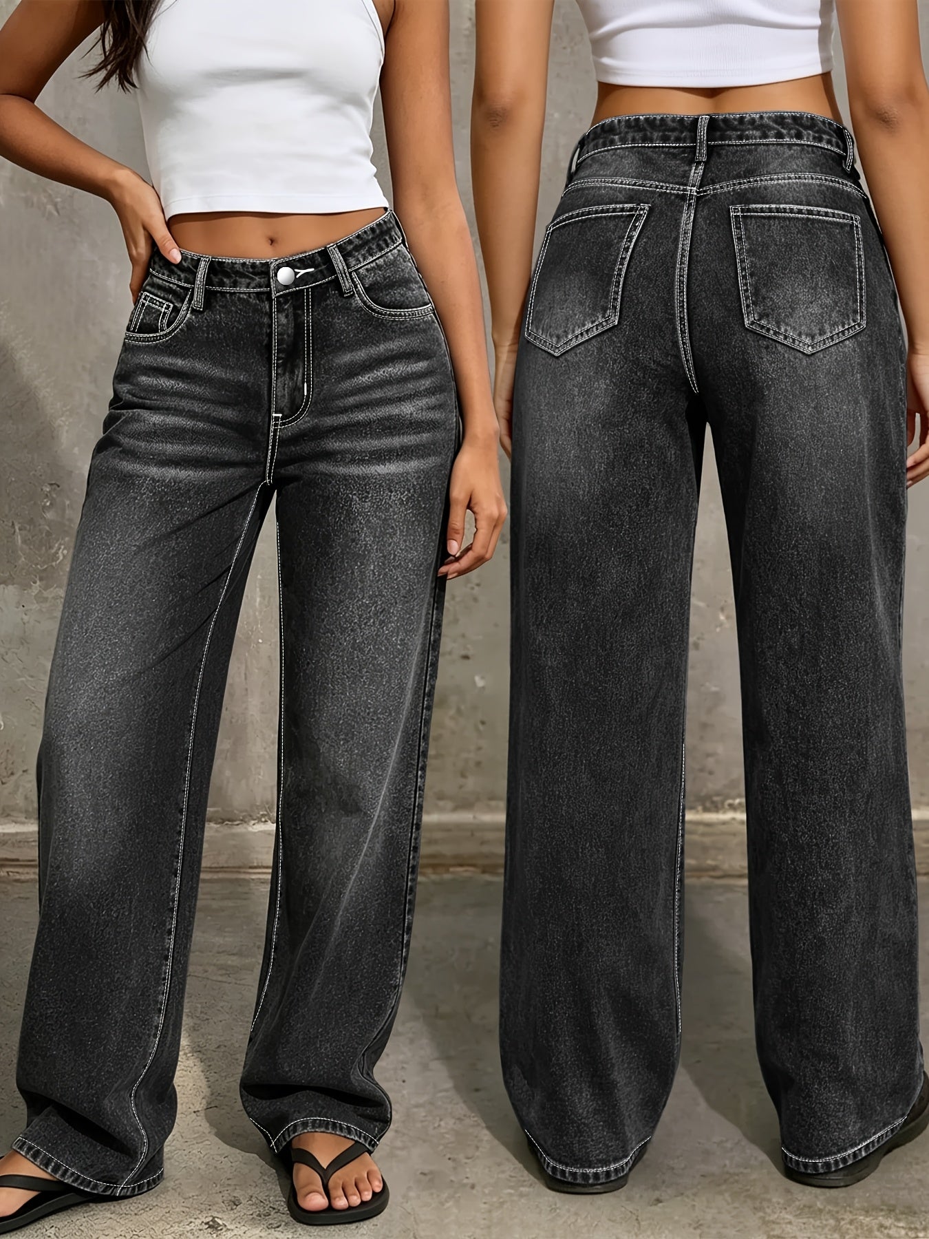Women's Wide Leg Jeans - Medium Blue Vintage Wash Pocket Detail detail view