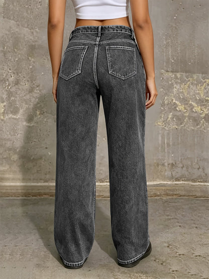 Women's Wide Leg Jeans - Medium Blue Vintage Wash Pocket Detail detail view