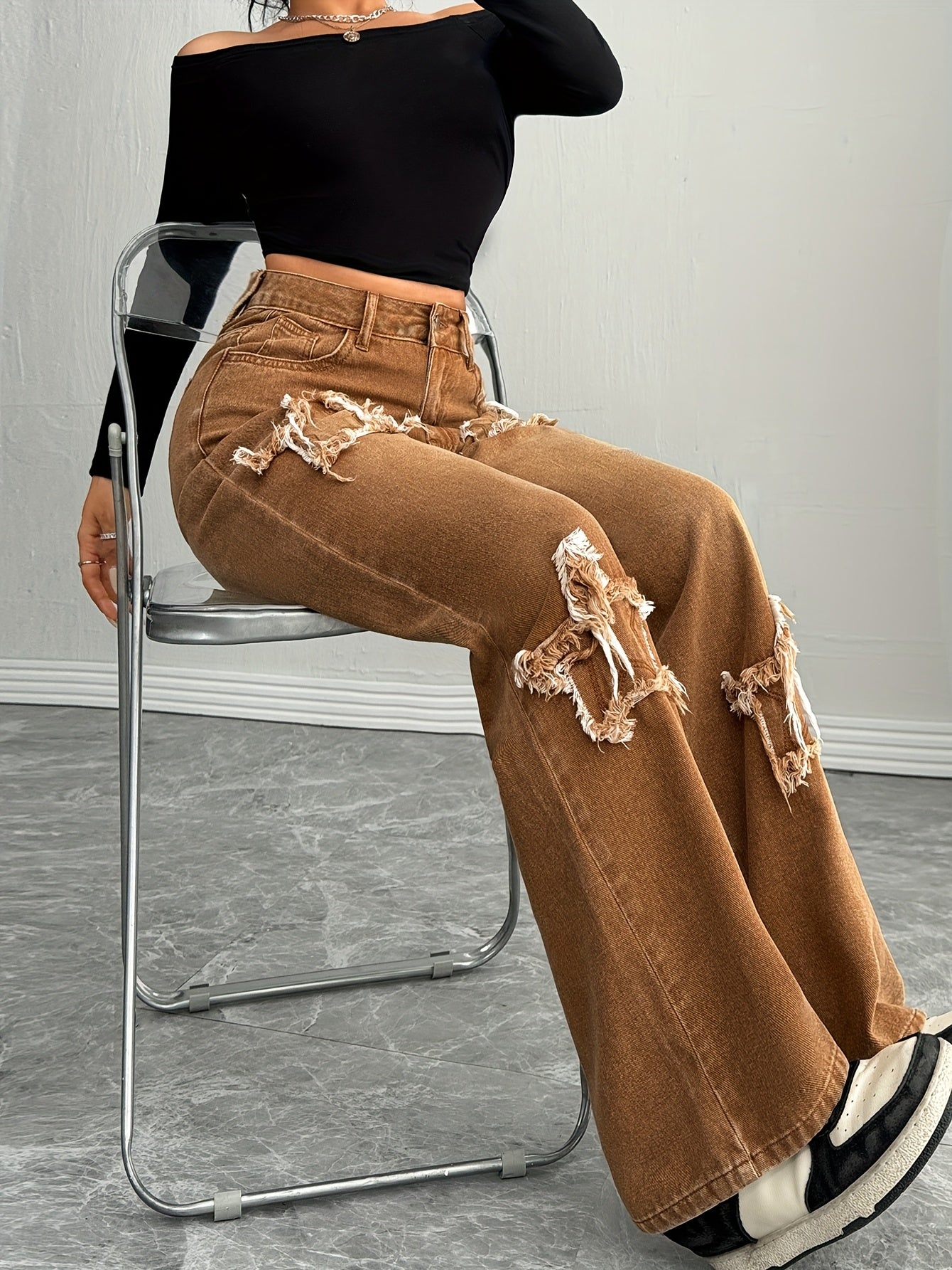 Women's Wide Leg Jeans - Sepia Patchwork detail view