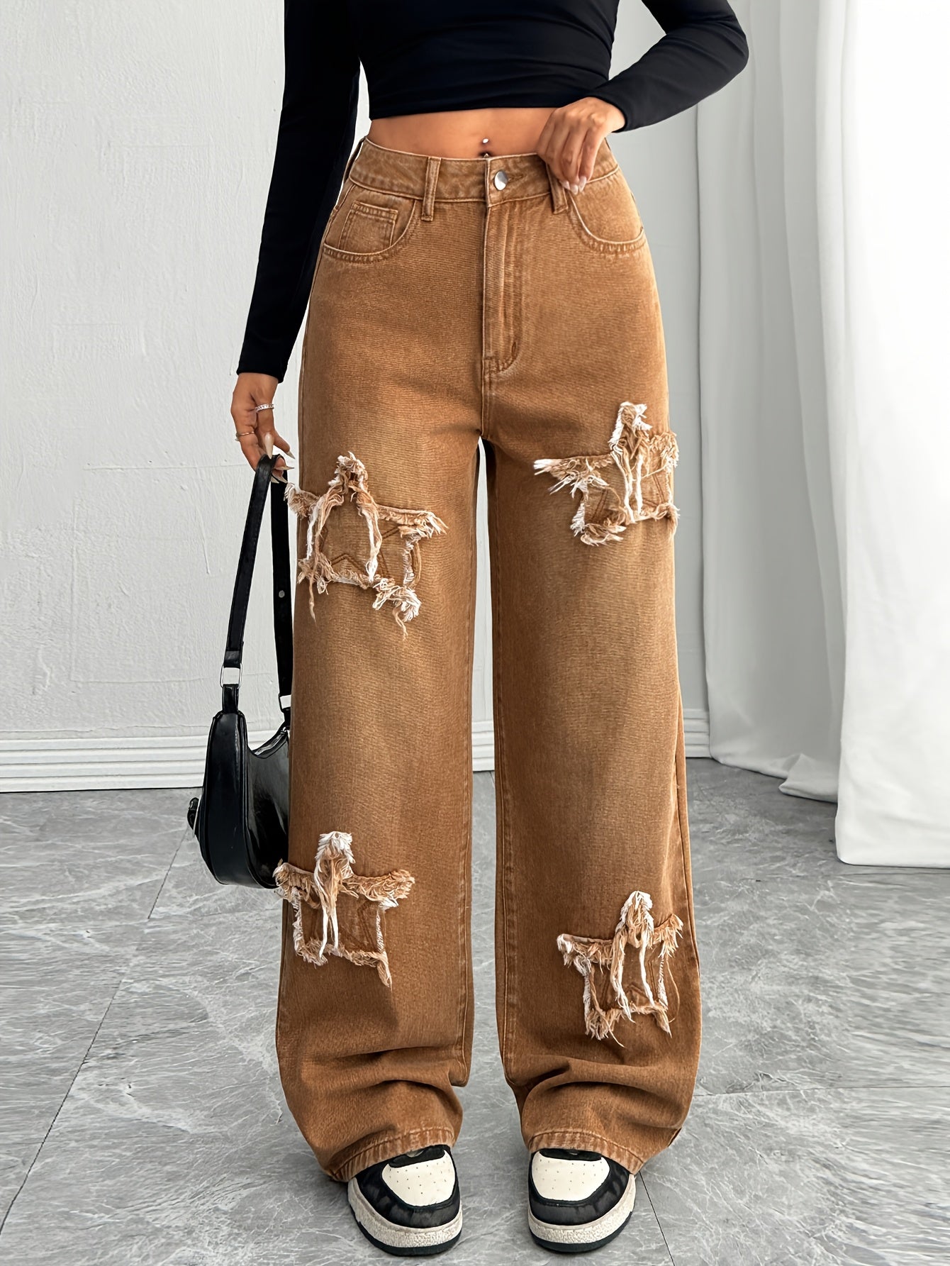 Women's Wide Leg Jeans - Sepia Patchwork detail view