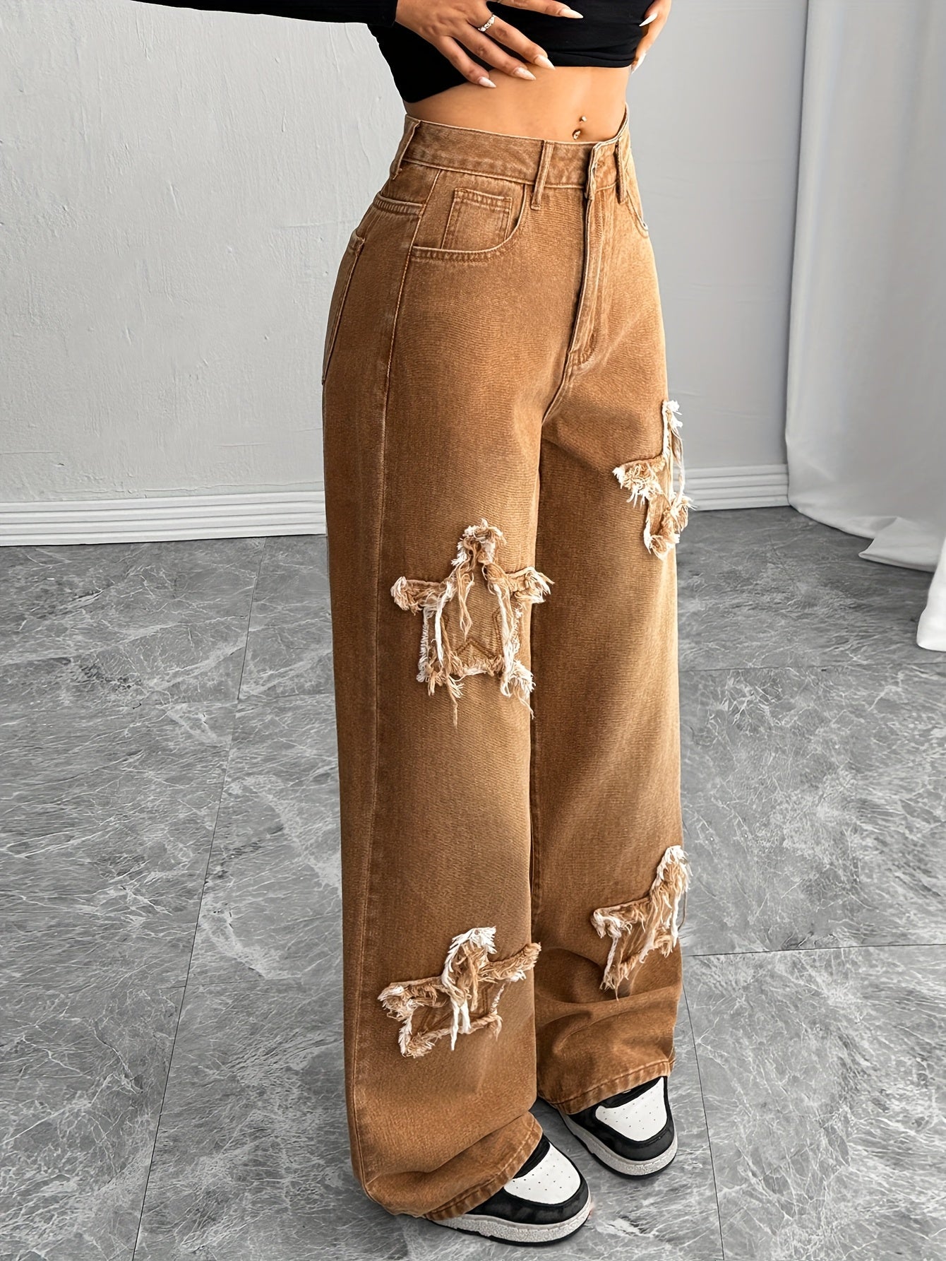 Women's Wide Leg Jeans - Sepia Patchwork detail view