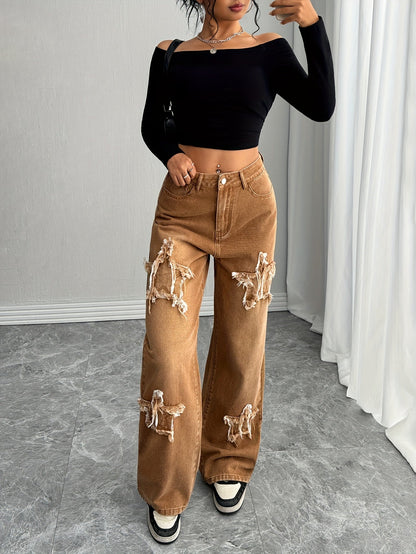Women's Wide Leg Jeans - Sepia Patchwork detail view