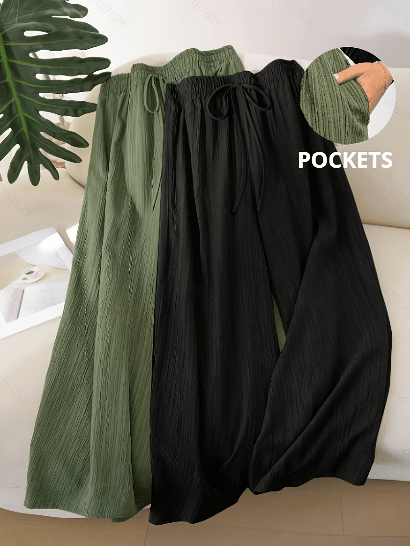 Women's Wide Leg Pants - Drawstring Waist Wide leg 62 – Black option – view 3