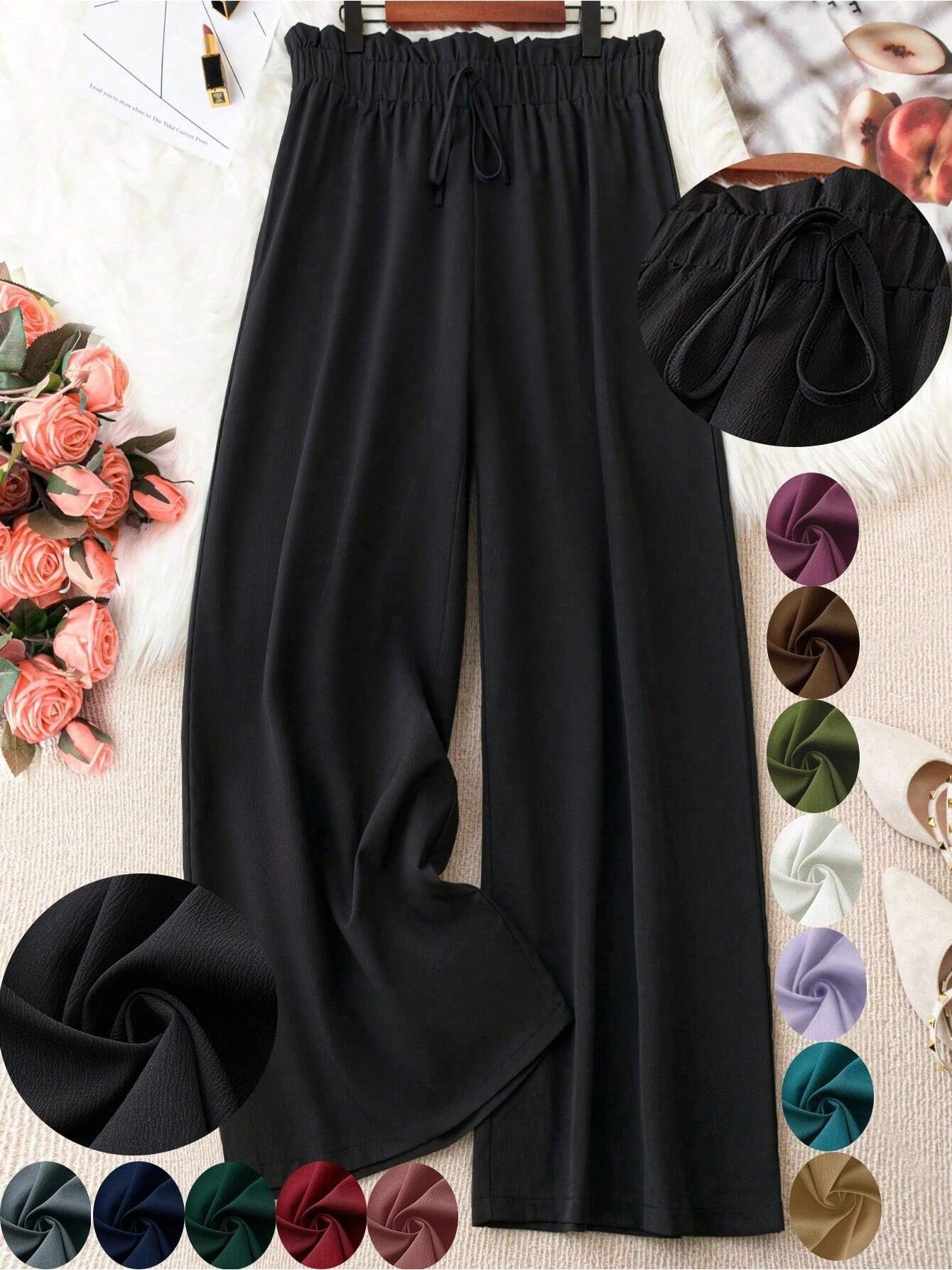 Women's Wide Leg Pants - Drawstring Waist Wide leg 82 detail view
