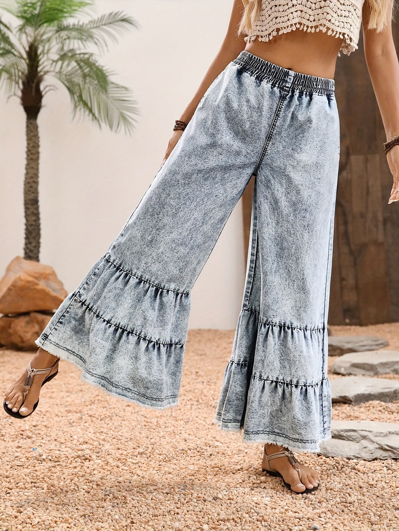 Women's Wide Leg Pants – Medium Blue detail view
