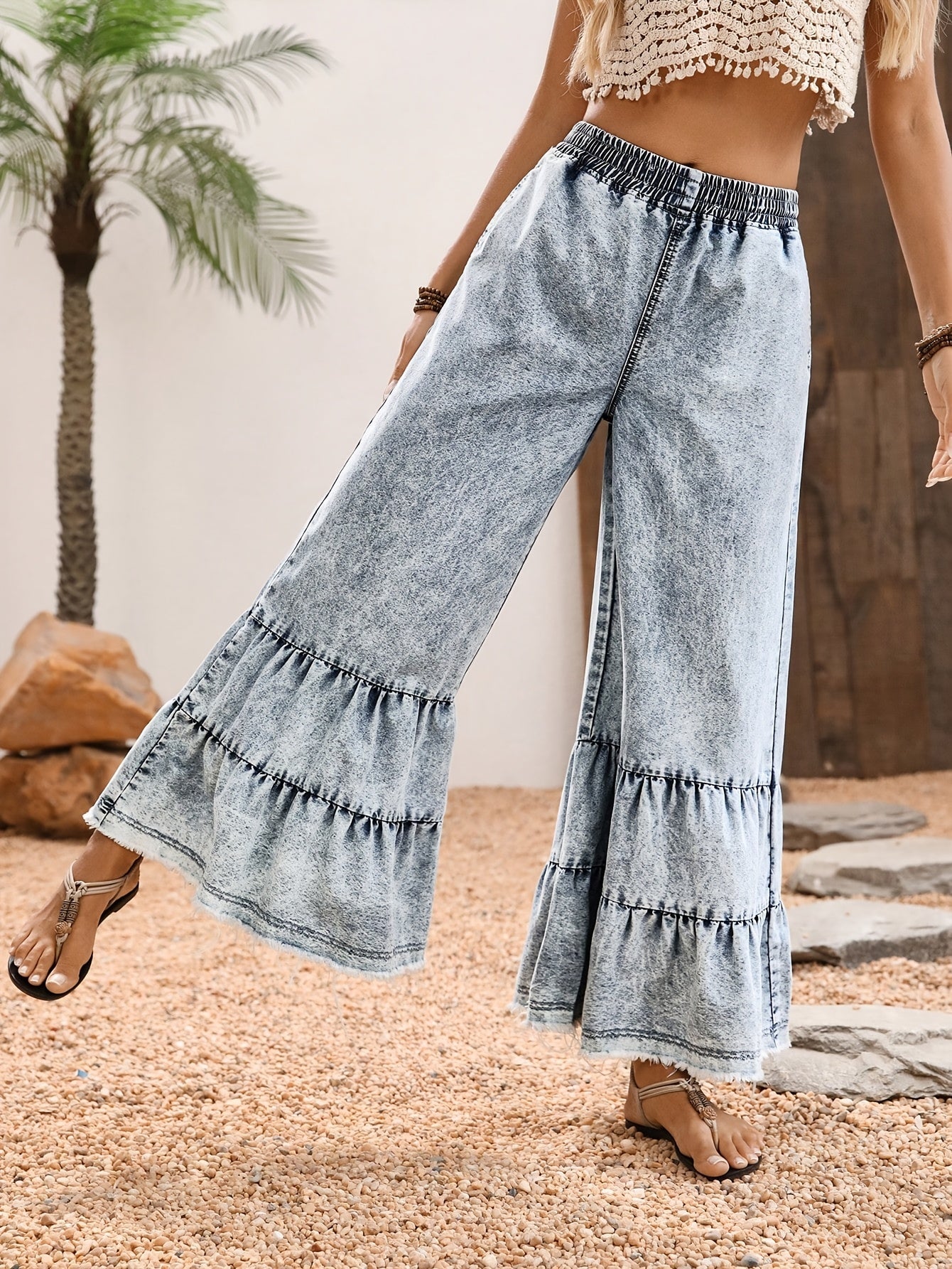 Women's Wide Leg Pants – Medium Blue detail view