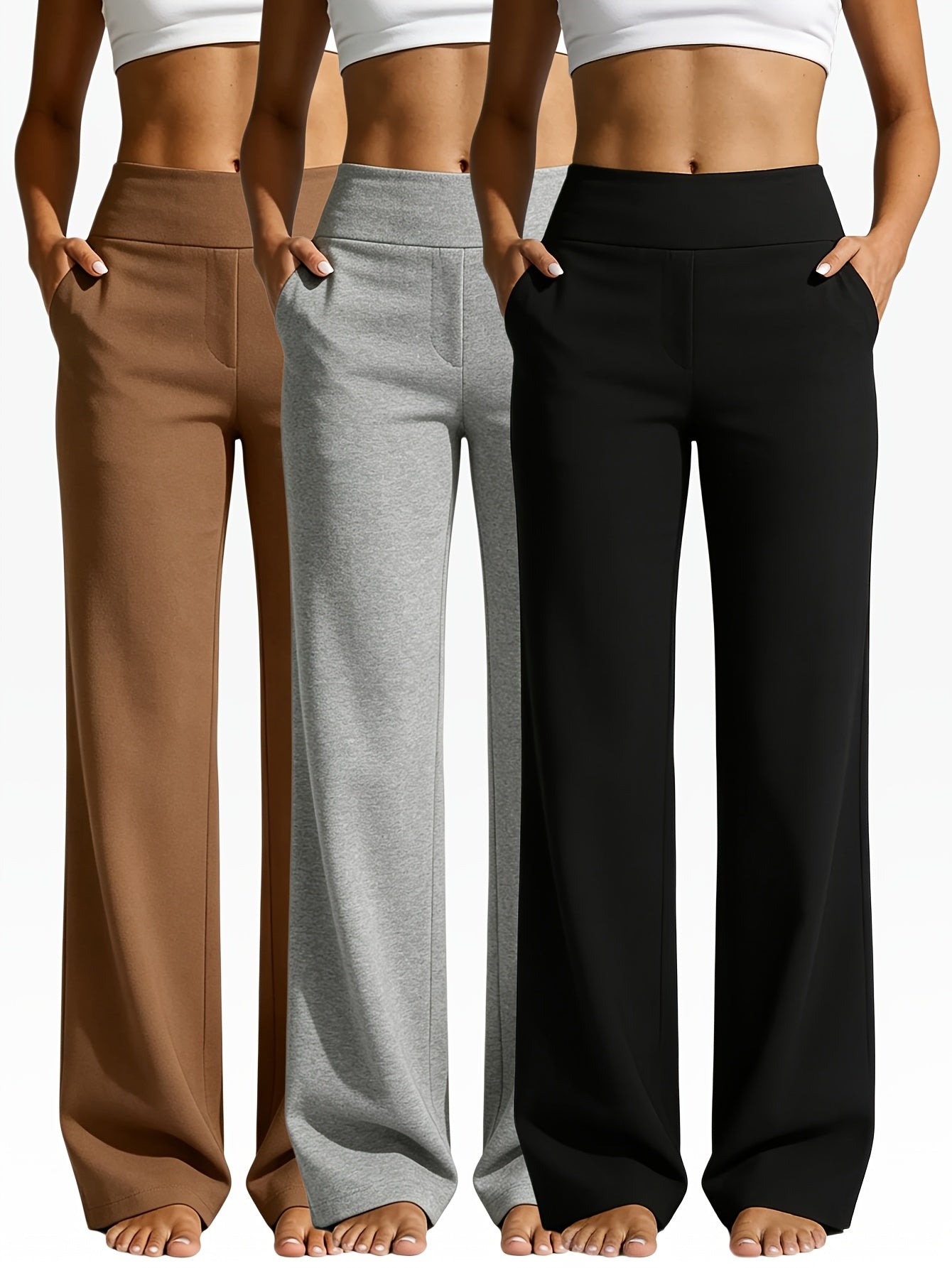 Women's Wide Leg Pants - Wide-Leg Fit – Black & gray & coffee detail view