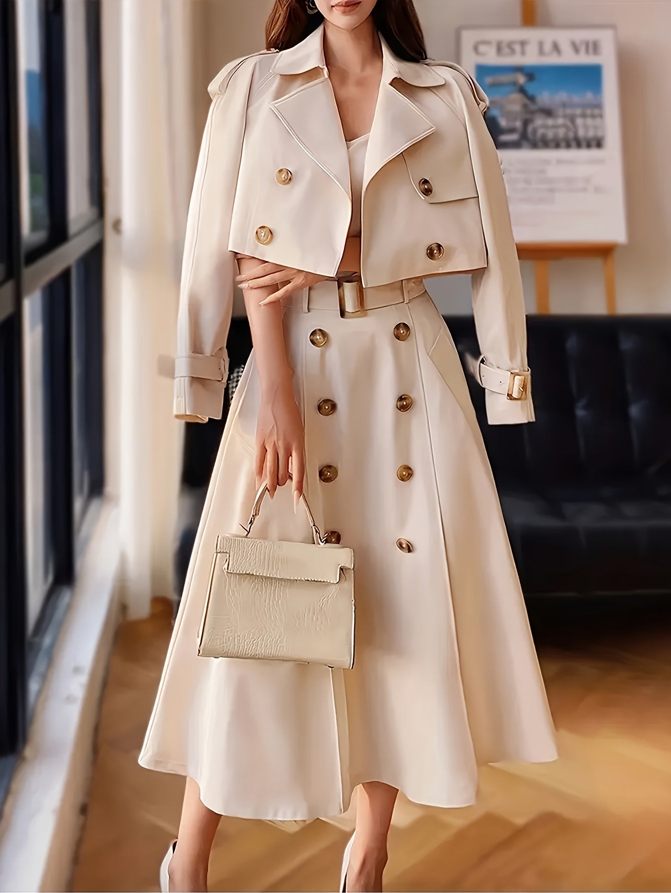 Women's Windbreaker Coat and Skirt Set - Double-Breasted Office detail view