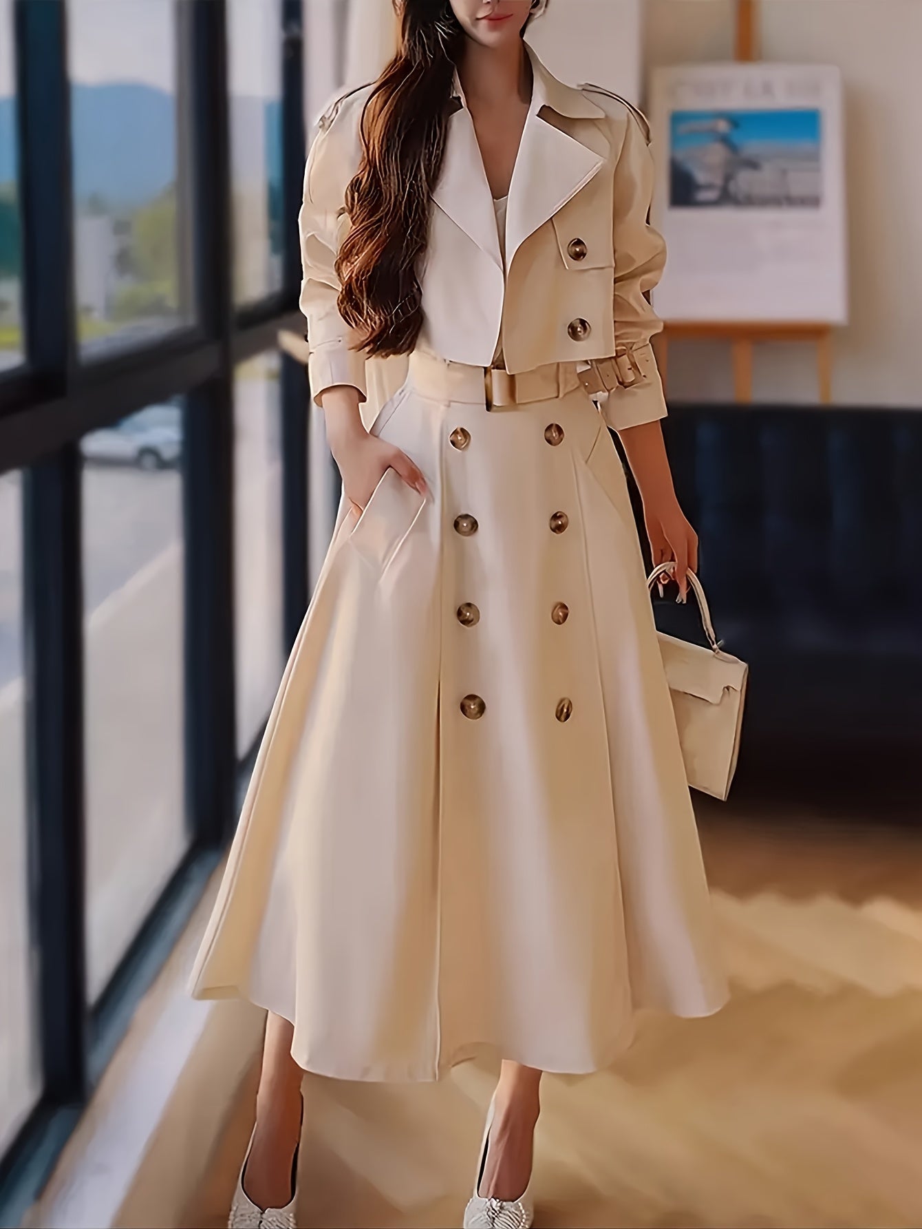 Women's Windbreaker Coat and Skirt Set - Double-Breasted Office detail view